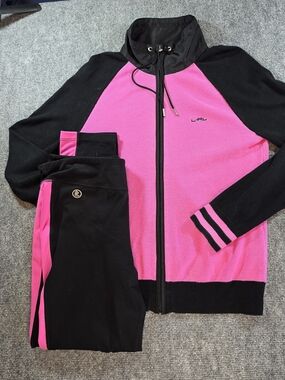Ralph Lauren Womens Athletic Set L Pink Black Track Jacket Pants Matching Outfit